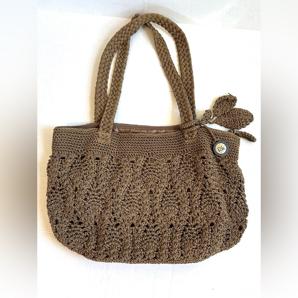The Sak Brown/Gold Metallic Crochet Medium Boho Tote Bag Purse-Like New!